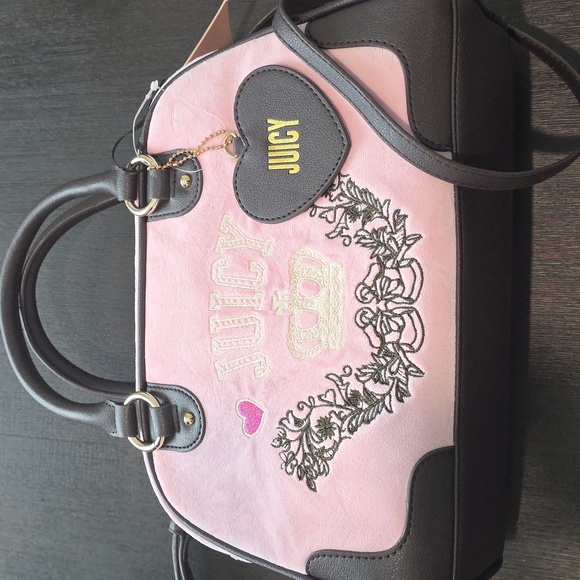 Juicy Couture Retro Chic Flamingo/Chocolate Velour Satchel - Picture 5 of 11